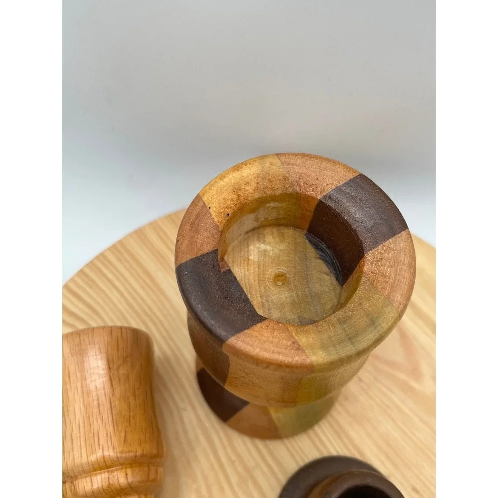 Vtg Mid Century Modern Turned Wood Candlestick Holders Set 3 minimalist
